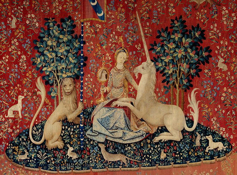 La dama e l’unicorno (1484-1500), arazzo proveniente dal castello di Boussac. Parigi, Musée National du Moyen Âge de Cluny 